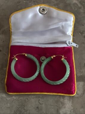 Green Jade Hoop Earrings 14K Gold Plated